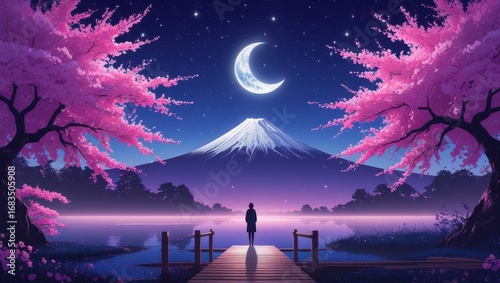 A tranquil scene unfolds at twilight, featuring a solitary figure on a wooden dock, gazing upon a majestic mountain silhouette bathed in the soft glow of a crescent moon, surrounded by blossoming...
