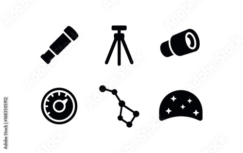 flat black solid icon items isolated on white background: stargazing eyepiece tripod mount viewing lens adjustment dial constellation sky arc