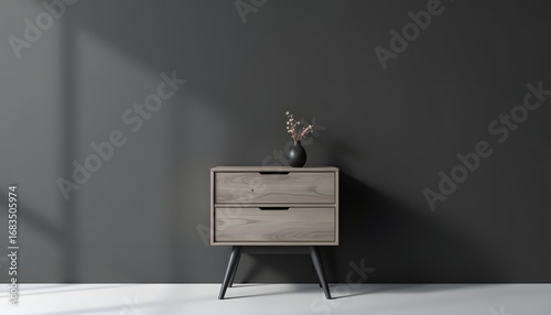 Fototapeta Naklejka Na Ścianę i Meble -  The 3D rendered minimal room features a sleek gray wooden bedside table with clean lines and a modern design, contrasting beautifully against the dark gray wall behind it.