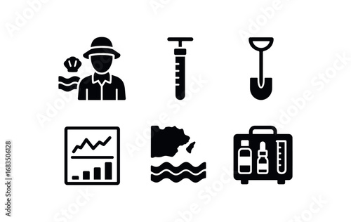 flat black solid icon items isolated on white background: coastal sedimentologist core sampler soil tube data chart shoreline research kit