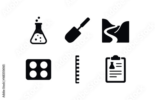 flat black solid icon items isolated on white background: sediment analyst scoop tool riverbank tray samples measuring lab notes