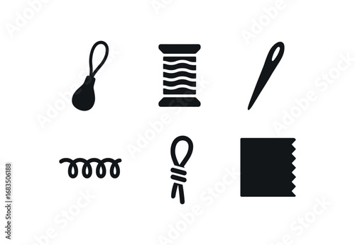 flat black solid icon items isolated on white background: cord loop stitcher thread line sewing needle fabric seam loop knot cut edge
