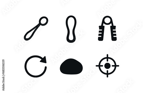 flat black solid icon items isolated on white background: ring sling throw fabric loop hand grip spinning arrow stone line