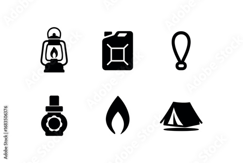 flat black solid icon items isolated on white background: camping lantern fuel tank hanging loop wick knob steady flame tent shadow