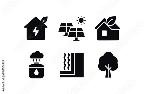 flat black solid icon items isolated on white background: eco efficient home solar panels green roof rain tank insulated walls tree icon