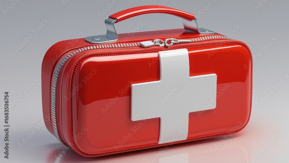 Obraz premium A glossy, red first-aid kit, featuring a prominent white cross, is presented against a neutral backdrop.