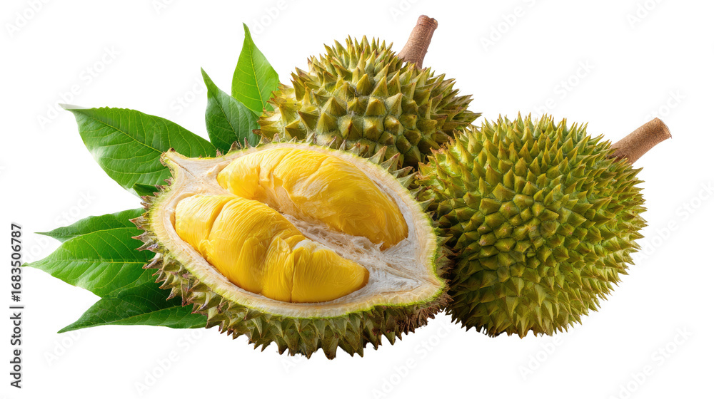 Obraz premium Durian Delights: A captivating, mouthwatering display of fresh durian fruit, showcasing its unique, thorny exterior and creamy, golden interior.