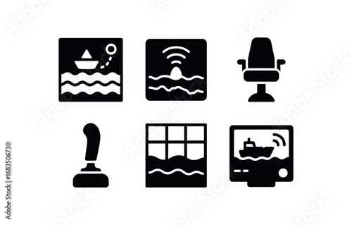 flat black solid icon items isolated on white background: ocean floor chart pilot sonar map control chair joystick grip depth grid vessel screen