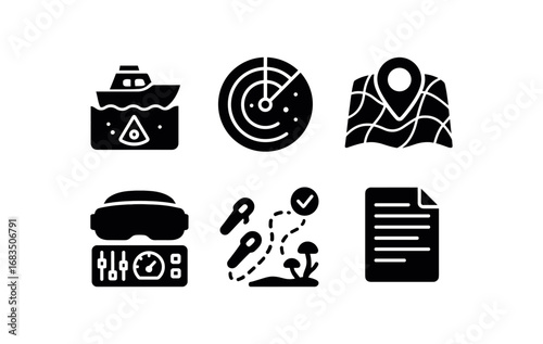 flat black solid icon items isolated on white background: seafloor chart pilot radar sweep mapping lines console panel dive path data log. flat black solid icon items isolated on white