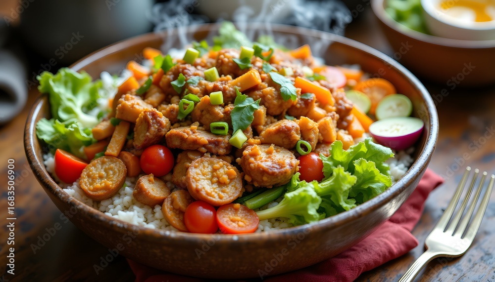 A colorful and vibrant bowl of mixed vegetables, sizzling protein, and a savory sauce, all served on a bed of steaming hot rice A colorful and vibrant bowl of mixed vegetables, sizzling protein, and a savory sauce, all served on a bed of steaming hot rice