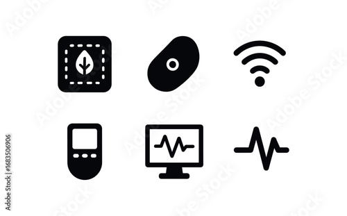 flat black solid icon items isolated on white background: bio patch reader skin patch scan waves handheld device display screen pulse icon