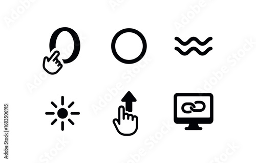 flat black solid icon items isolated on white background: smart touch ring round band wave feedback light pulse gesture arrow screen