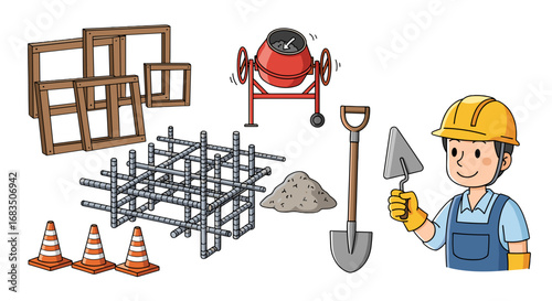 Illustration of construction worker with hard hat and various building materials and equipment shown here