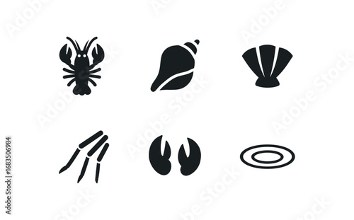 flat black solid icon items isolated on white background: lobster body hard tail fan jointed legs claw tips water ripple