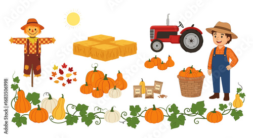 A harvest scene featuring a farmer, tractor, pumpkins, scarecrow, and hay bales under a bright sun