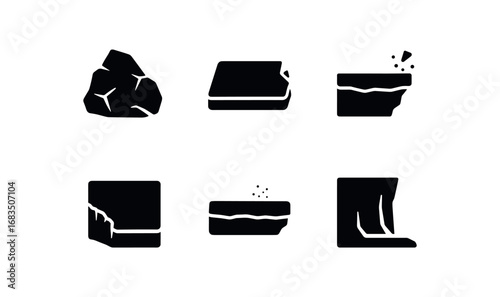 flat black solid icon items isolated on white background: limestone rock pale slab chipped flat side dusty edge cliff base
