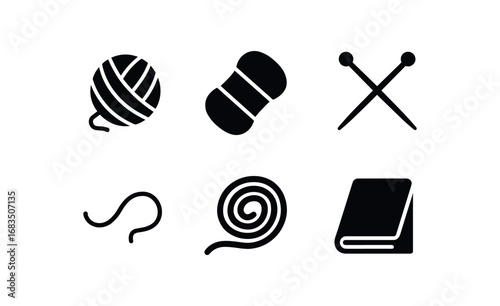 flat black solid icon items isolated on white background: ball of wool rolled yarn knitting needles loose coil wrap fabric