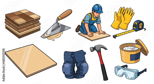 Illustration showing a man installing tiles with tools and safety equipment on a white background