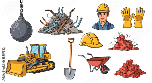 Illustration of construction equipment and materials including bulldozer and wrecking ball and bricks 100