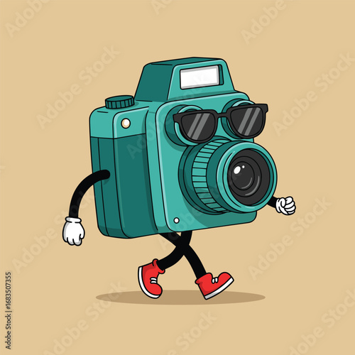 Cartoon groovy photo camera retro character. Isolated vector funky, hippie style photocamera personage adorned with vibrant daisy flowers, stars and playful smile push shooting button to make snapshot