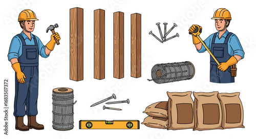 Illustration showing construction worker with tools and materials for building a fence project scene