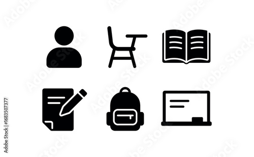 flat black solid icon items isolated on white background: school learner desk chair open book pencil note backpack board line
