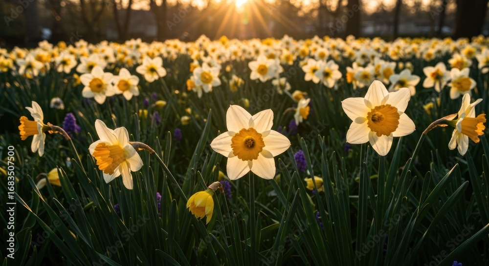 Obraz premium A field of daffodils bathed in the golden light of sunrise, showcasing a vibrant display of springtime blossoms.