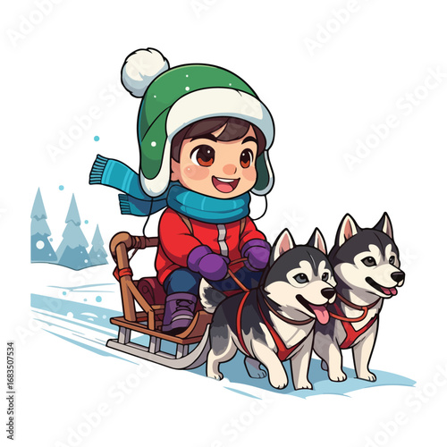 A child and a dog have fun sledding in the winter snow