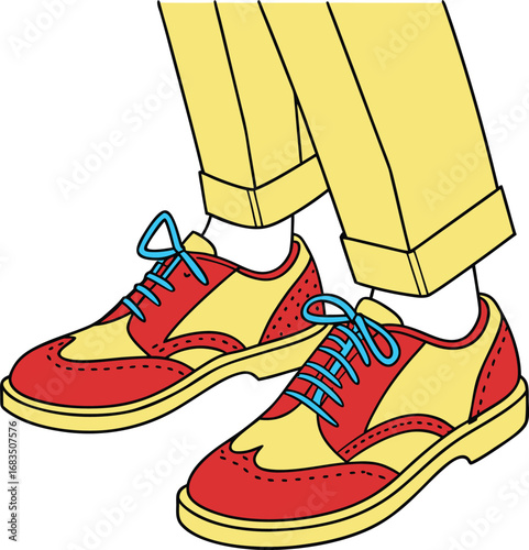 Vector art of closeup of a person wearing stylish red and yellow wingtip shoes with blue laces