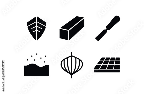 flat black solid icon items isolated on white background: boat bow shaper timber chisel tool sand surface hull frame workshop floor