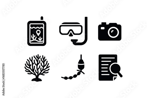flat black solid icon items isolated on white background: reef mapper snorkel set waterproof camera coral fan buoy line research notes
