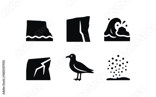 flat black solid icon items isolated on white background: sea bluff high cliff crashing waves rock edge gull bird spray mist