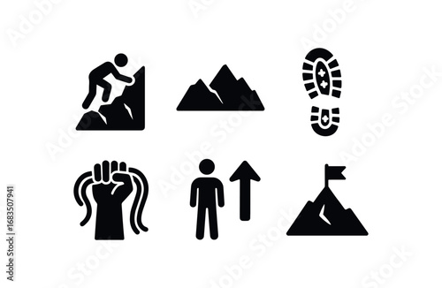 flat black solid icon items isolated on white background: ridge scramble rocky ridge boot grip rope hand climb arrow summit point