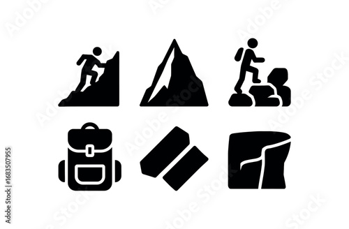 flat black solid icon items isolated on white background: mountain scramble steep ridge boulder steps backpack icon chalk sky edge