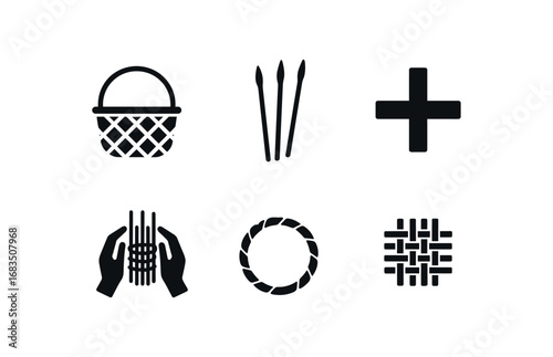 flat black solid icon items isolated on white background: basket weaving willow rods cross pattern shaping hands rim wrap woven form