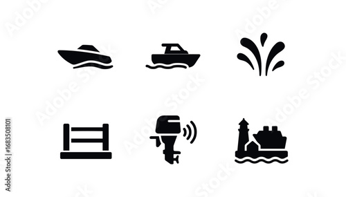 flat black solid icon items isolated on white background: fast speedboat twin hulls splash trail deck rails engine roar harbor line