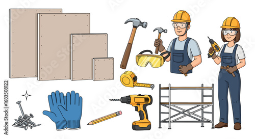 Illustration of construction workers with tools including hammers drill and safety equipment shown