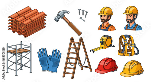 Illustration of construction tools and equipment including ladder and safety gear for workers on site