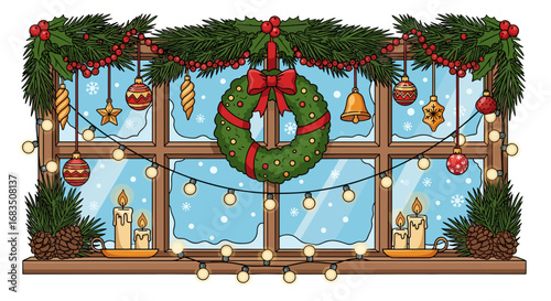 Christmas window decorated with wreath, ornaments, garland, lights, and candles on the windowsill