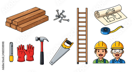 Illustration showing construction tools and materials including wood planks and safety equipment items