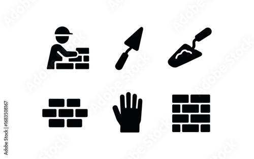 flat black solid icon items isolated on white background: brick fitter trowel tool mortar scoop stacked bricks glove hand rise