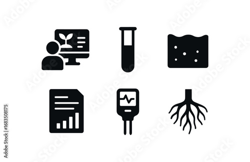 flat black solid icon items isolated on white background: soil systems analyst test tube soil sample data sheet sensor probe root icon