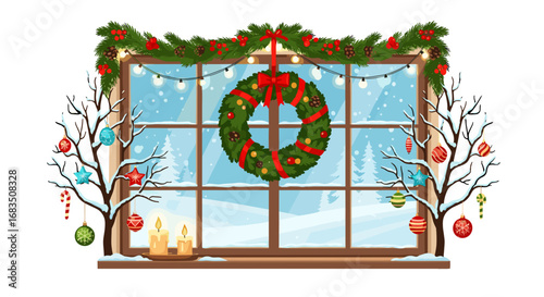 A window decorated with a christmas wreath, garland, lights and ornaments with snowy winter landscape view