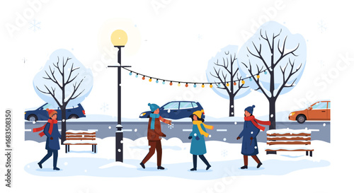 People walking in a snowy park with trees, benches, cars, and a decorated lamppost on a winter day scene