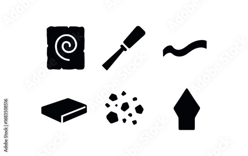 flat black solid icon items isolated on white background: stone panel etching chisel carved line flat slab dust chips tool edge