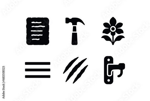 flat black solid icon items isolated on white background: engraved stone panel hammer tool floral motif border lines shadow grooves mount
