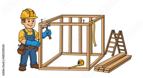 Construction worker building a wooden frame with tools and ladder on a white background scene