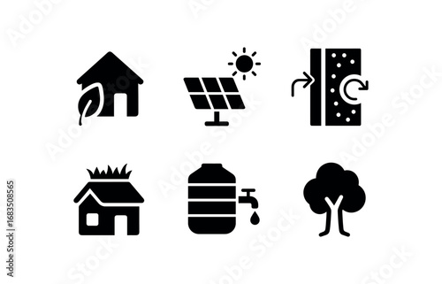 flat black solid icon items isolated on white background: low carbon dwelling solar panels insulation green roof water tank tree