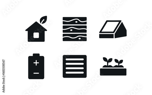 flat black solid icon items isolated on white background: eco dwelling wooden cladding skylight roof battery store air vent garden bed