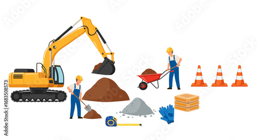 Construction site scene featuring excavator workers cones and tools for building and road work projects